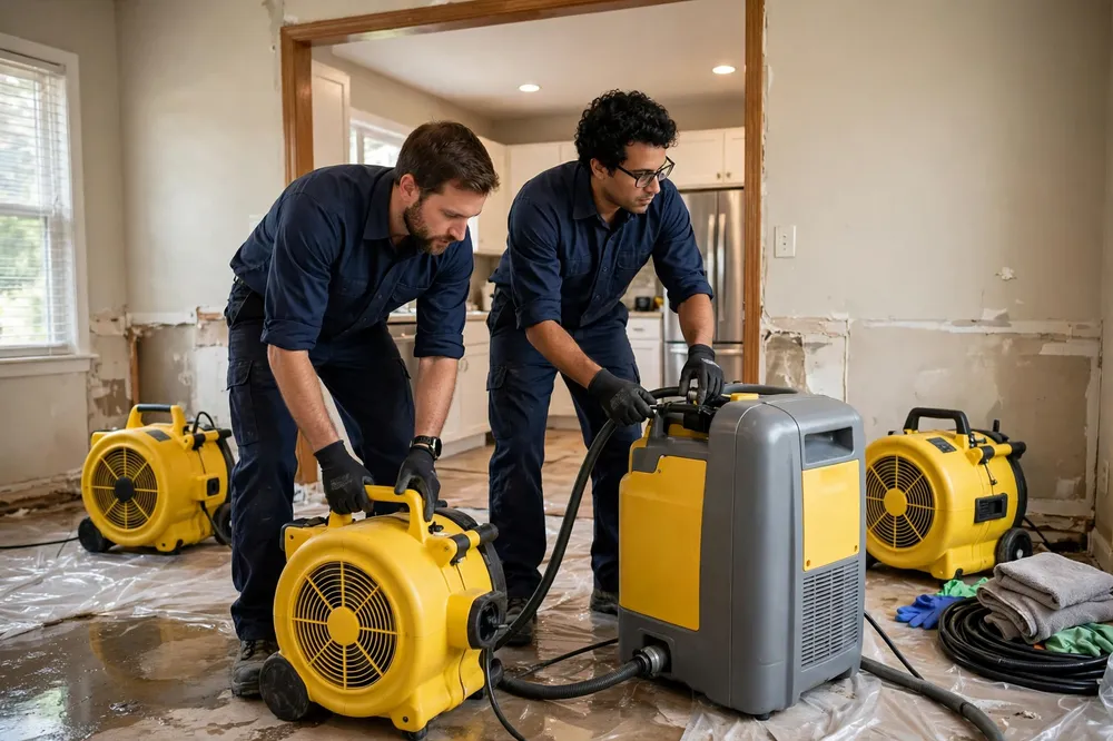 Two local water damage pros setting up drying equipment in an Alabama home