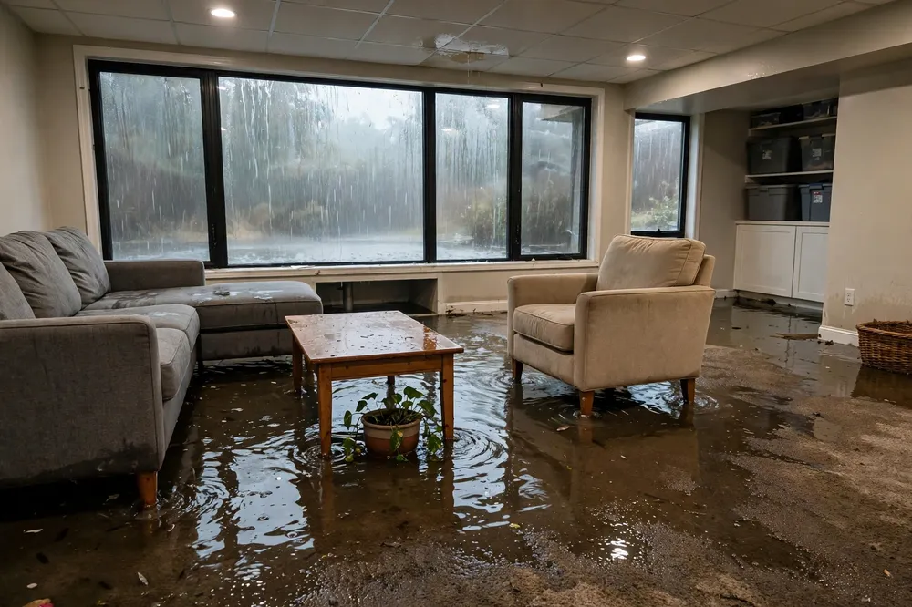 Basement with storm flood water damage — the problem
