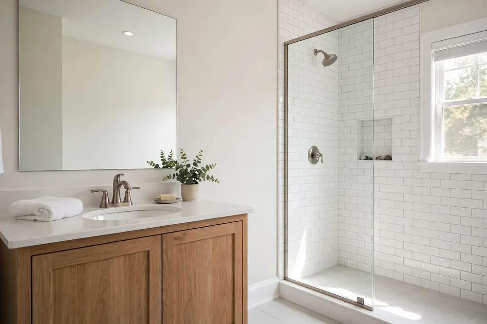Bathroom after storm flood restoration — the fixed result