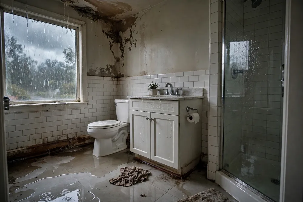 Bathroom with storm flood water damage — the problem