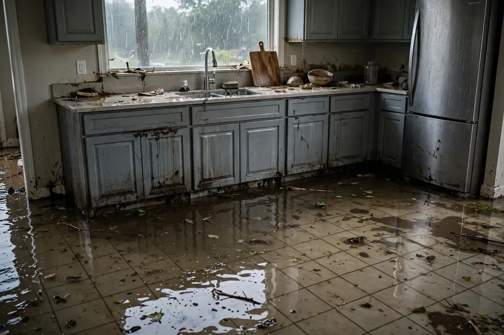 Kitchen with storm flood water damage — the problem