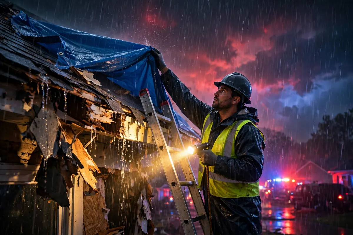 Emergency Tornado & Storm Flood Water Damage Restoration Adamsville, AL — a pro tarping a storm-damaged roof at night