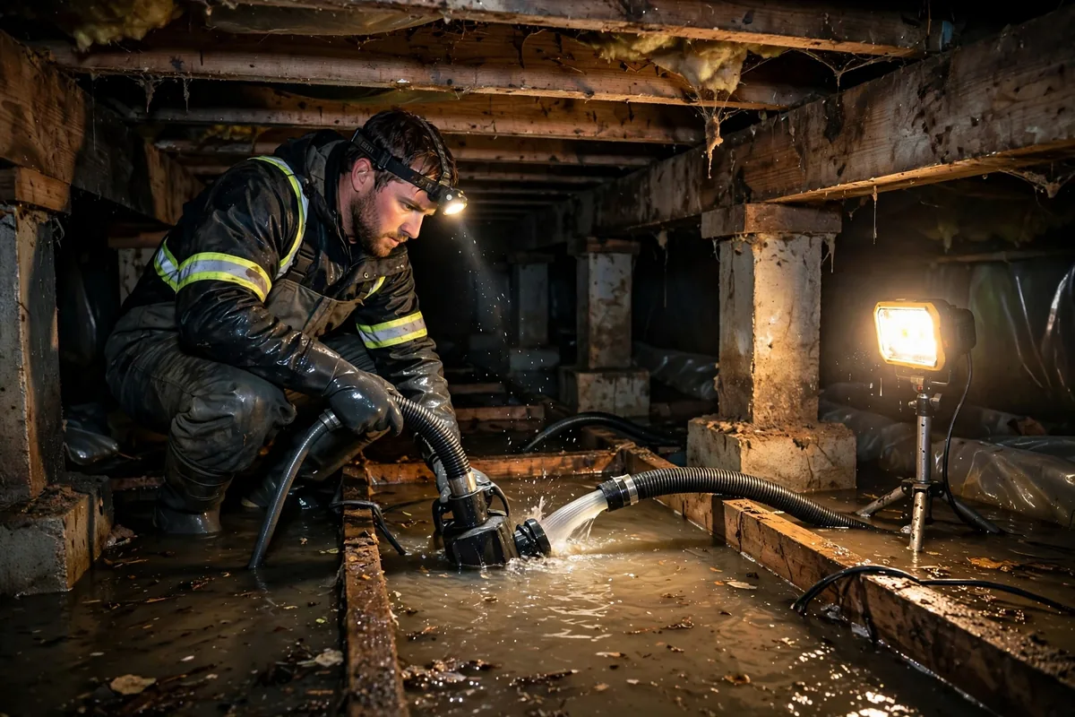 Emergency Tornado & Storm Flood Water Damage Restoration Addison, AL — night water extraction with pumps and work lights