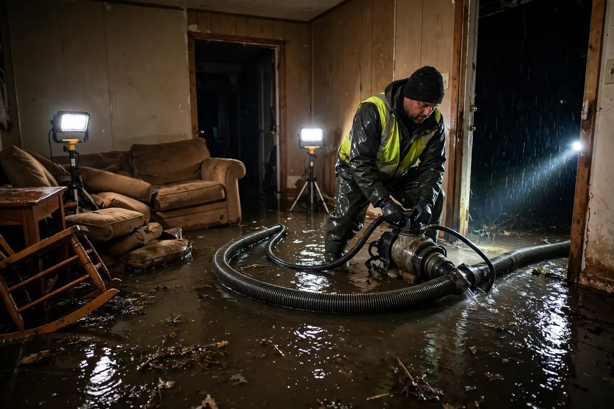 Emergency Tornado & Storm Flood Water Damage Restoration Adger, AL — night water extraction with pumps and work lights