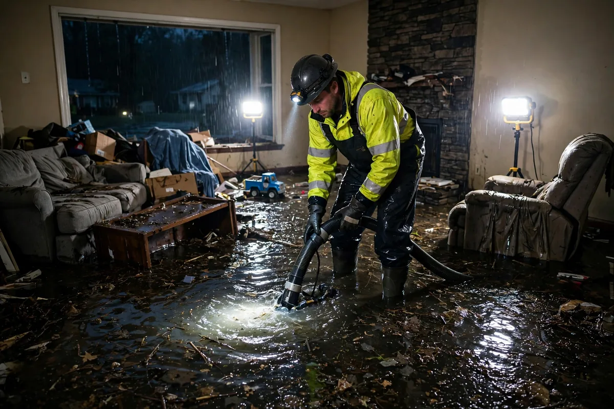 Emergency Tornado & Storm Flood Water Damage Restoration Alabaster, AL — night water extraction with pumps and work lights