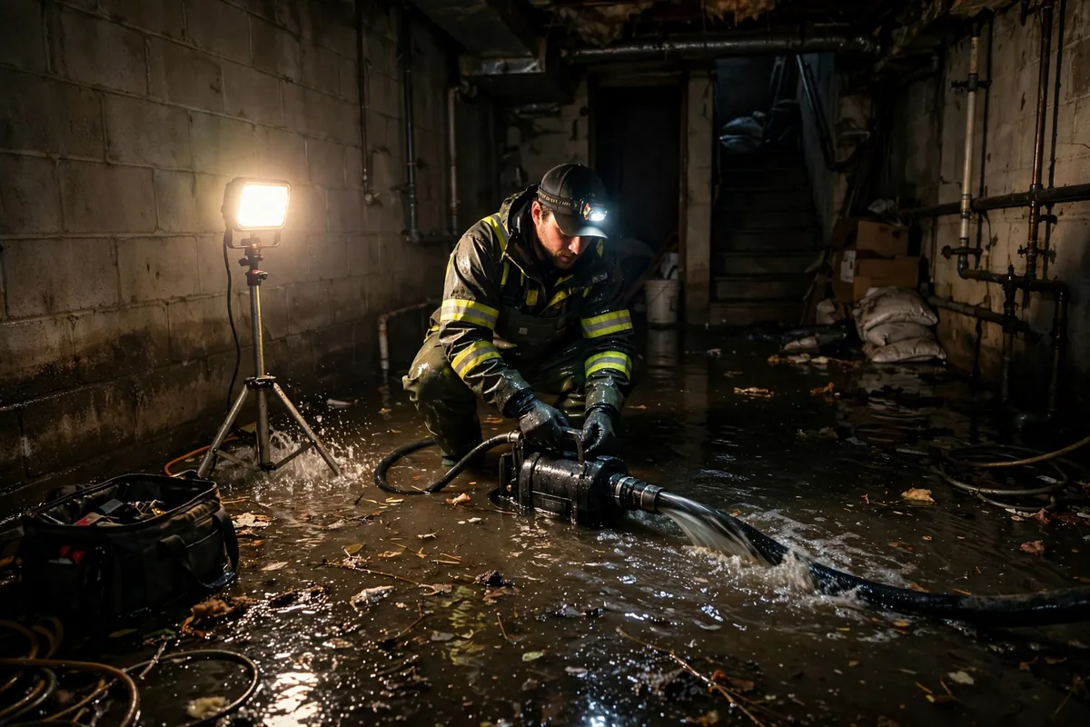 Emergency Tornado & Storm Flood Water Damage Restoration Albertville, AL — night water extraction with pumps and work lights