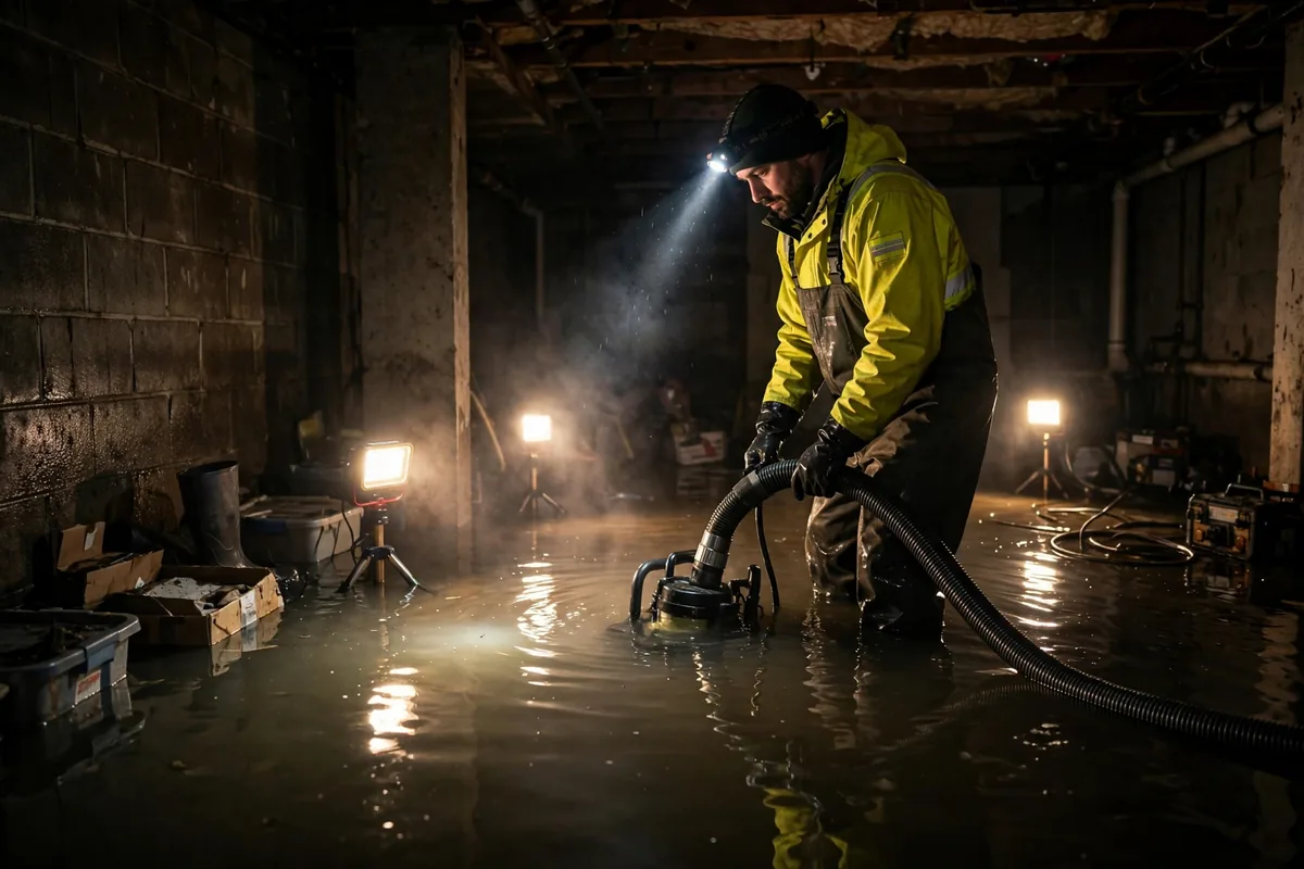 Emergency Tornado & Storm Flood Water Damage Restoration Alexander City, AL — night water extraction with pumps and work lights