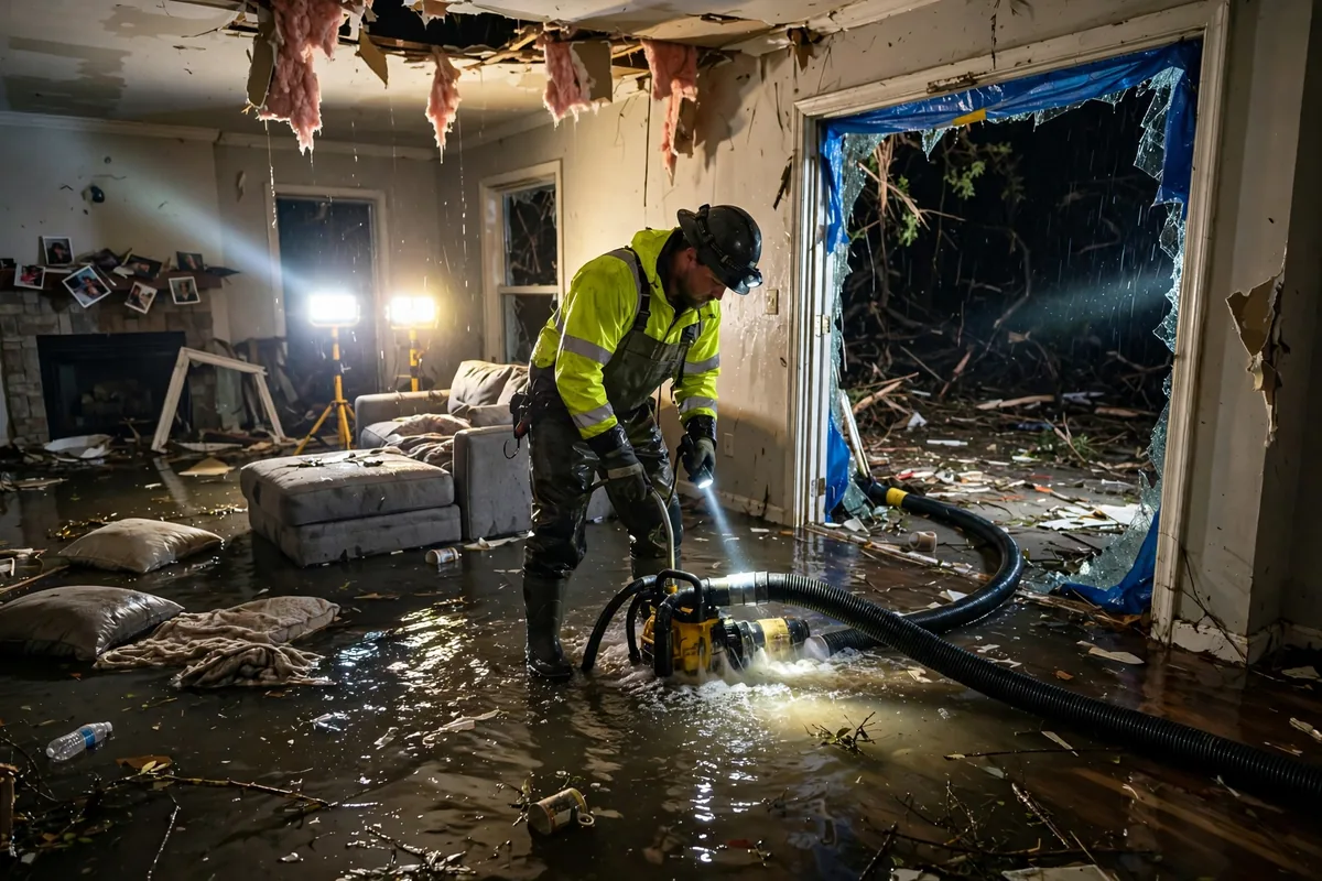 Emergency Tornado & Storm Flood Water Damage Restoration Alexandria, AL — night water extraction with pumps and work lights