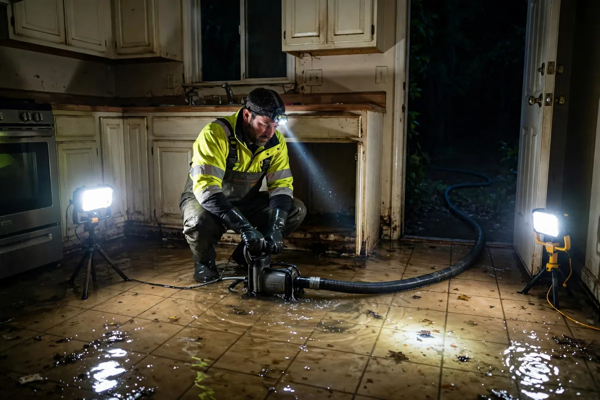 Emergency Tornado & Storm Flood Water Damage Restoration Allgood, AL — night water extraction with pumps and work lights