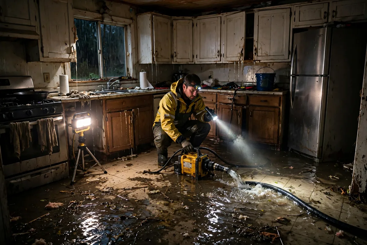 Emergency Tornado & Storm Flood Water Damage Restoration Alpine, AL — night water extraction with pumps and work lights