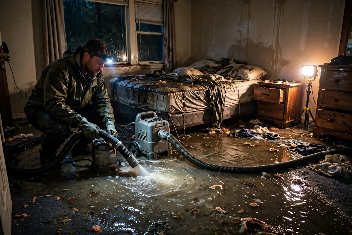 Emergency Tornado & Storm Flood Water Damage Restoration Altoona, AL — night water extraction with pumps and work lights
