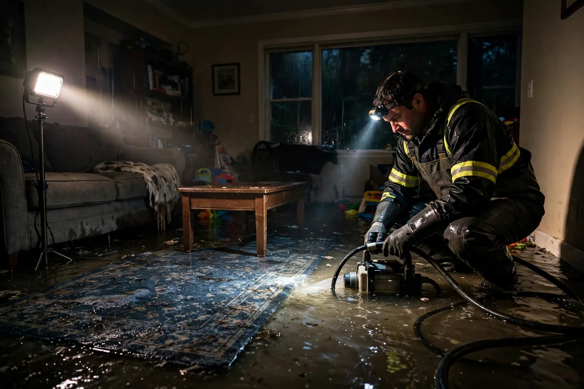 Emergency Tornado & Storm Flood Water Damage Restoration Anderson, AL — night water extraction with pumps and work lights