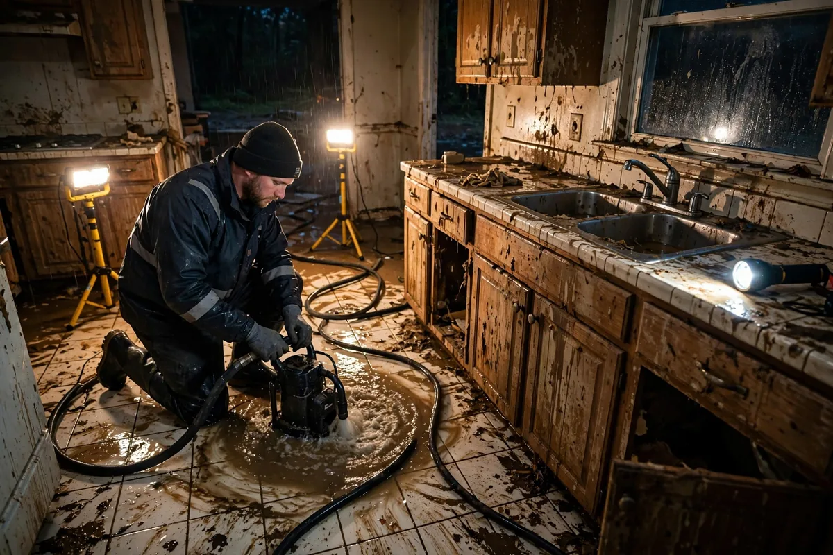 Emergency Tornado & Storm Flood Water Damage Restoration Anniston, AL — night water extraction with pumps and work lights