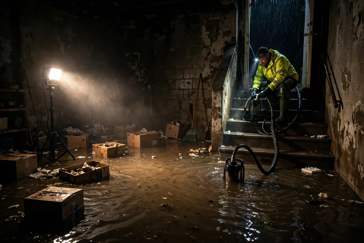 Emergency Tornado & Storm Flood Water Damage Restoration Ardmore, AL — night water extraction with pumps and work lights