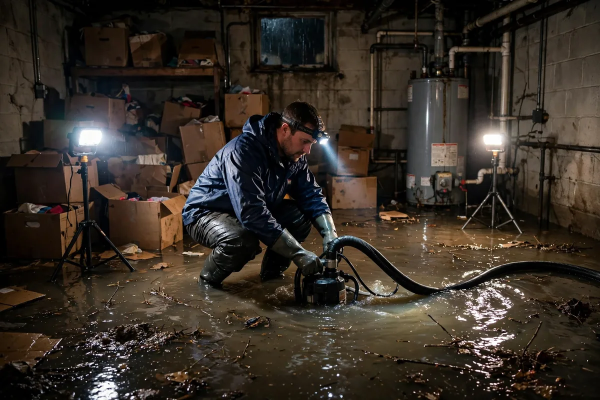 Emergency Tornado & Storm Flood Water Damage Restoration Arley, AL — night water extraction with pumps and work lights