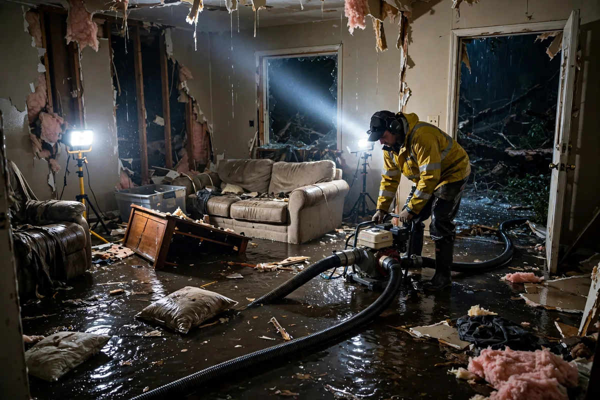 Emergency Tornado & Storm Flood Water Damage Restoration Ashland, AL — night water extraction with pumps and work lights