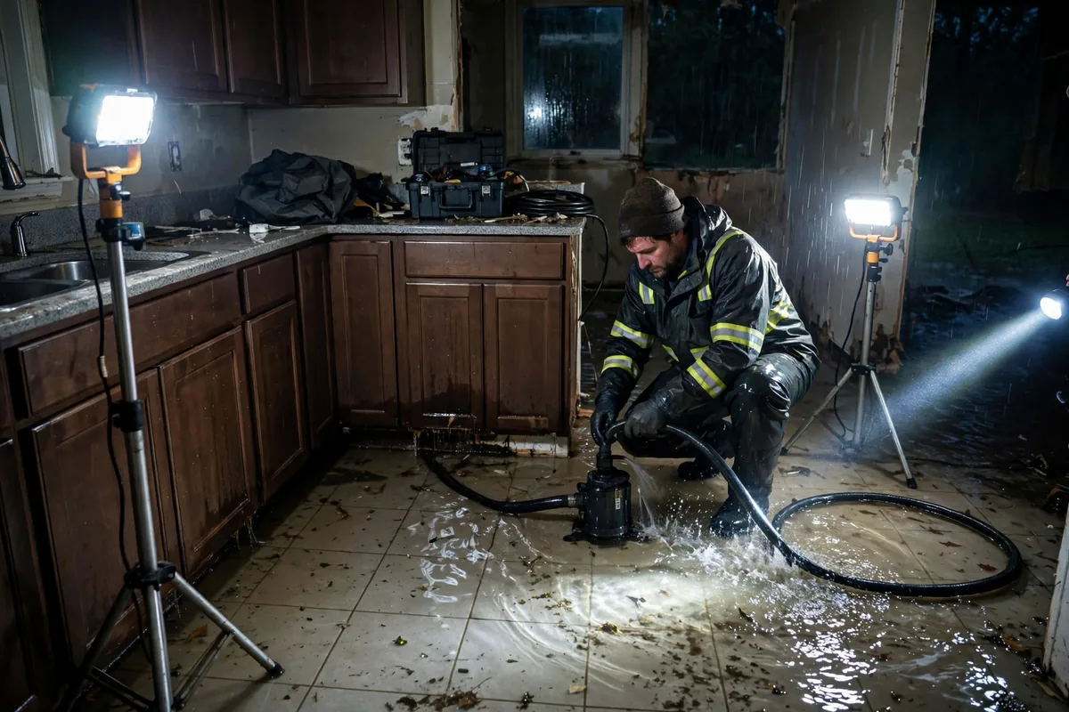 Emergency Tornado & Storm Flood Water Damage Restoration Ashville, AL — night water extraction with pumps and work lights