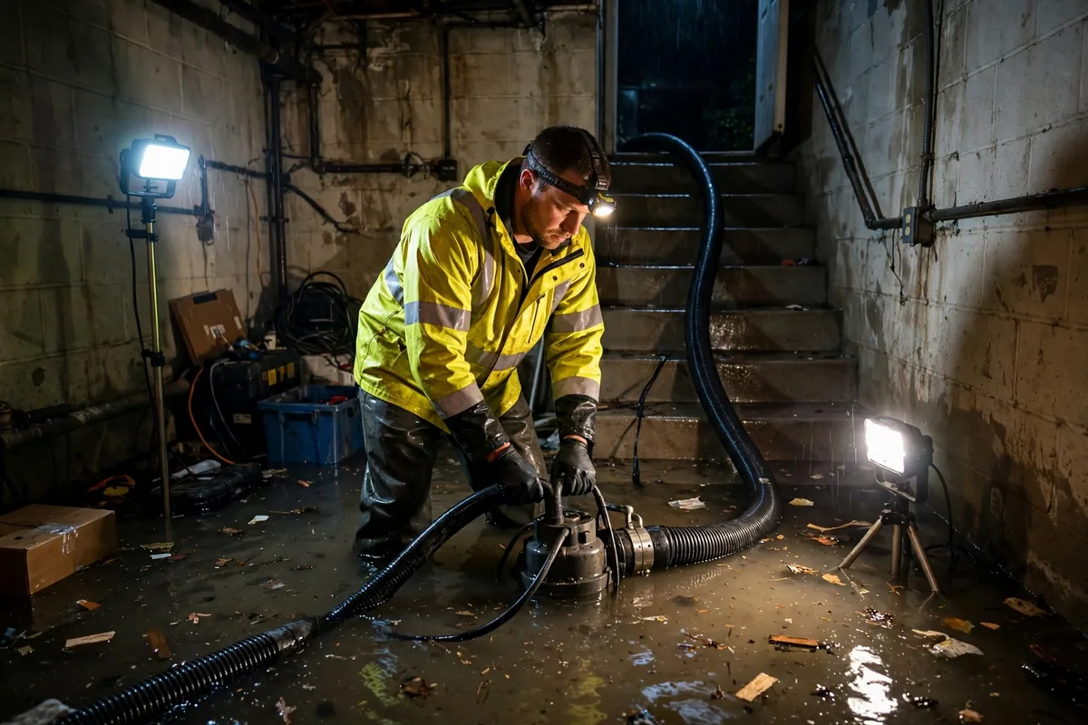 Emergency Tornado & Storm Flood Water Damage Restoration Athens, AL — night water extraction with pumps and work lights
