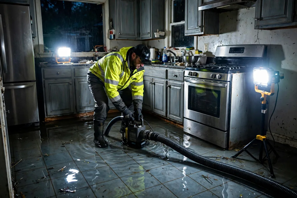 Emergency Tornado & Storm Flood Water Damage Restoration Attalla, AL — night water extraction with pumps and work lights