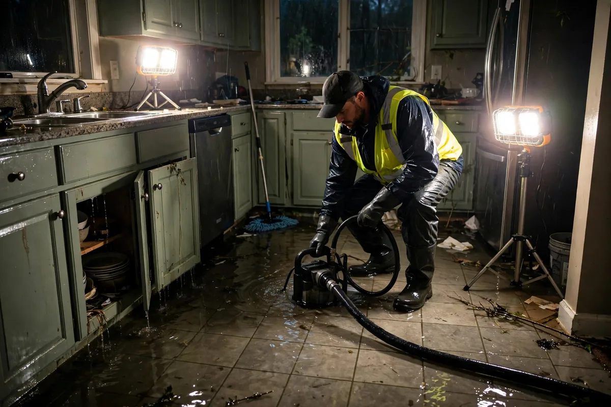 Emergency Tornado & Storm Flood Water Damage Restoration Baileyton, AL — night water extraction with pumps and work lights