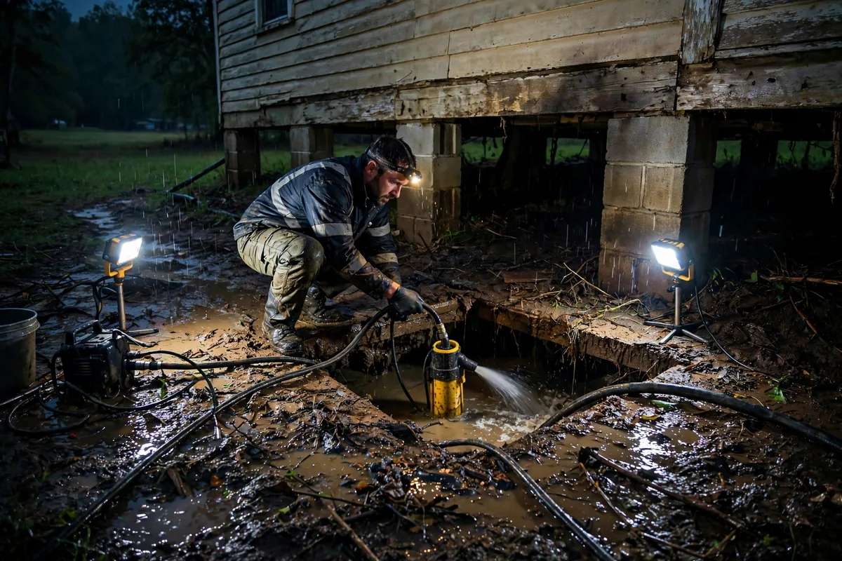 Emergency Tornado & Storm Flood Water Damage Restoration Bankston, AL — night water extraction with pumps and work lights