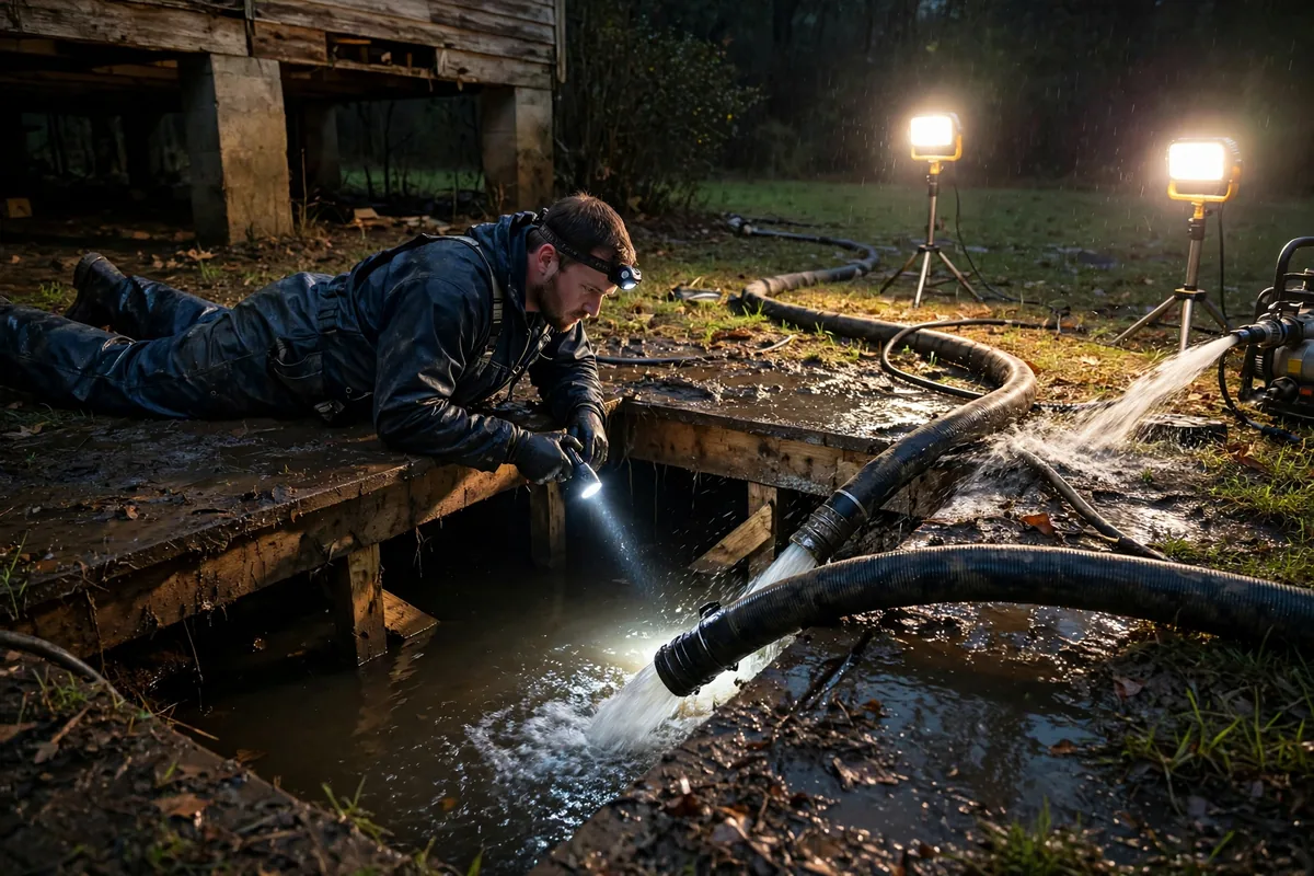 Emergency Tornado & Storm Flood Water Damage Restoration Bear Creek, AL — night water extraction with pumps and work lights