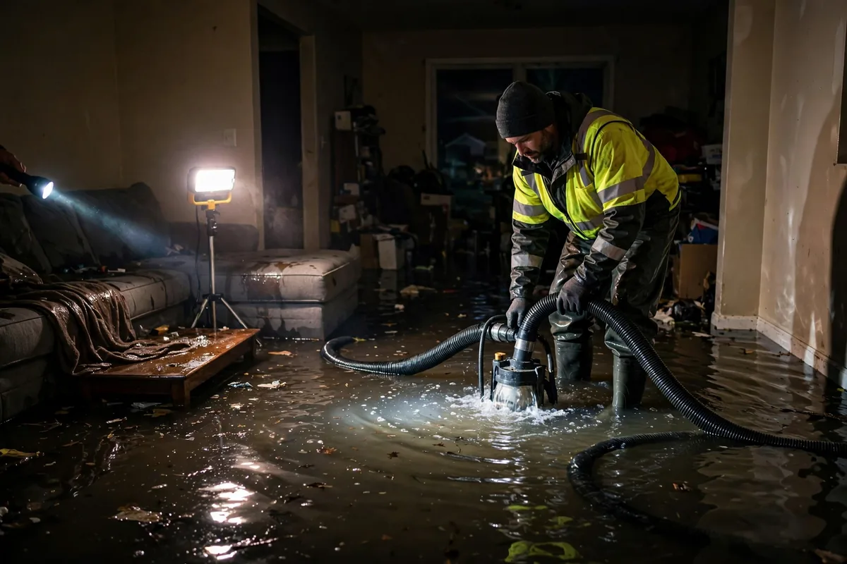 Emergency Tornado & Storm Flood Water Damage Restoration Beaverton, AL — night water extraction with pumps and work lights