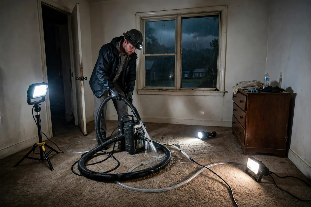 Emergency Tornado & Storm Flood Water Damage Restoration Belk, AL — night water extraction with pumps and work lights