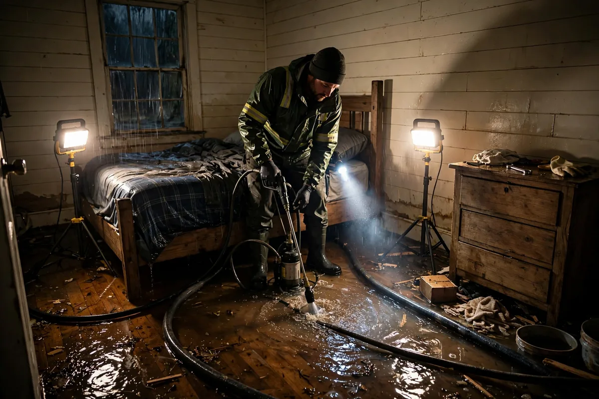 Emergency Tornado & Storm Flood Water Damage Restoration Belle Mina, AL — night water extraction with pumps and work lights