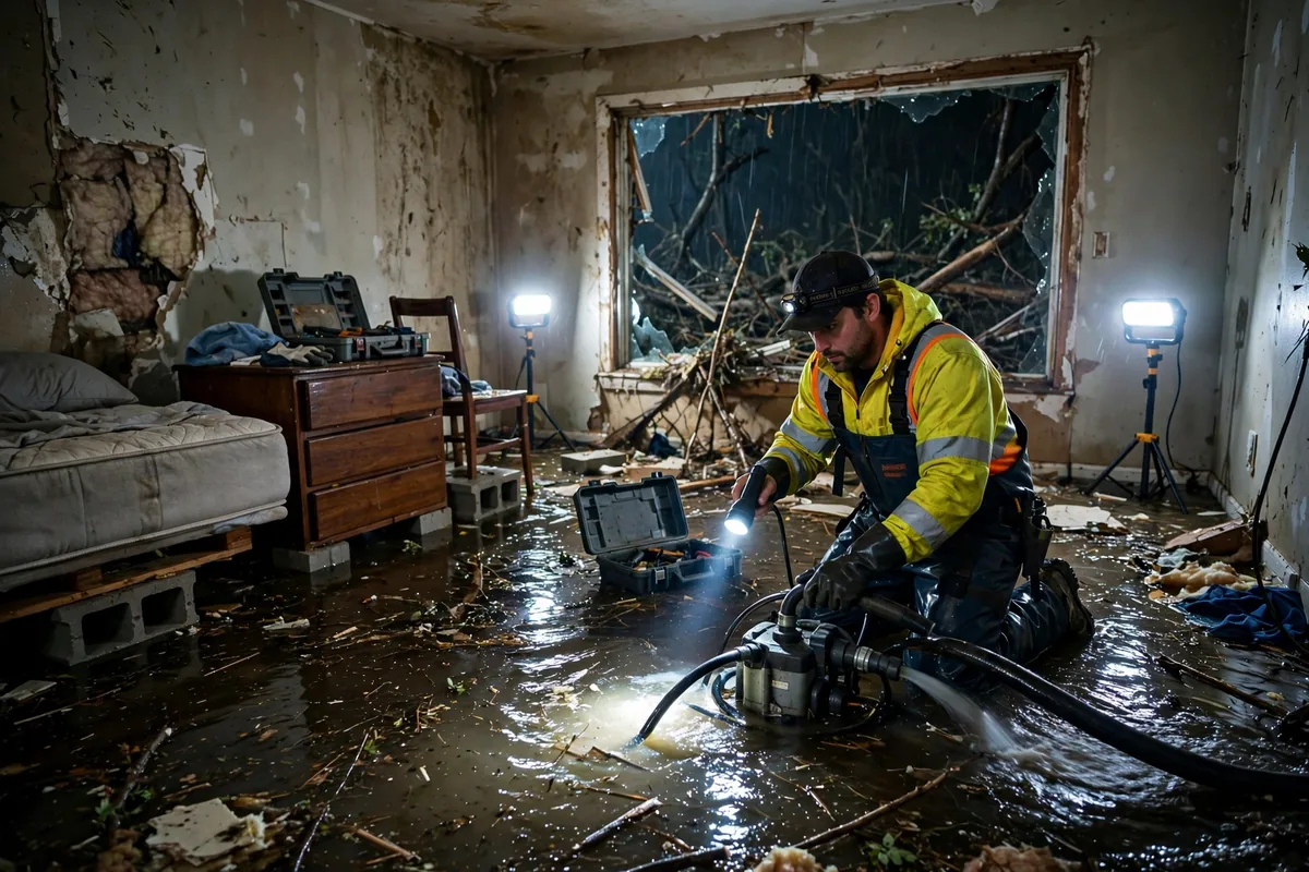 Emergency Tornado & Storm Flood Water Damage Restoration Berry, AL — night water extraction with pumps and work lights