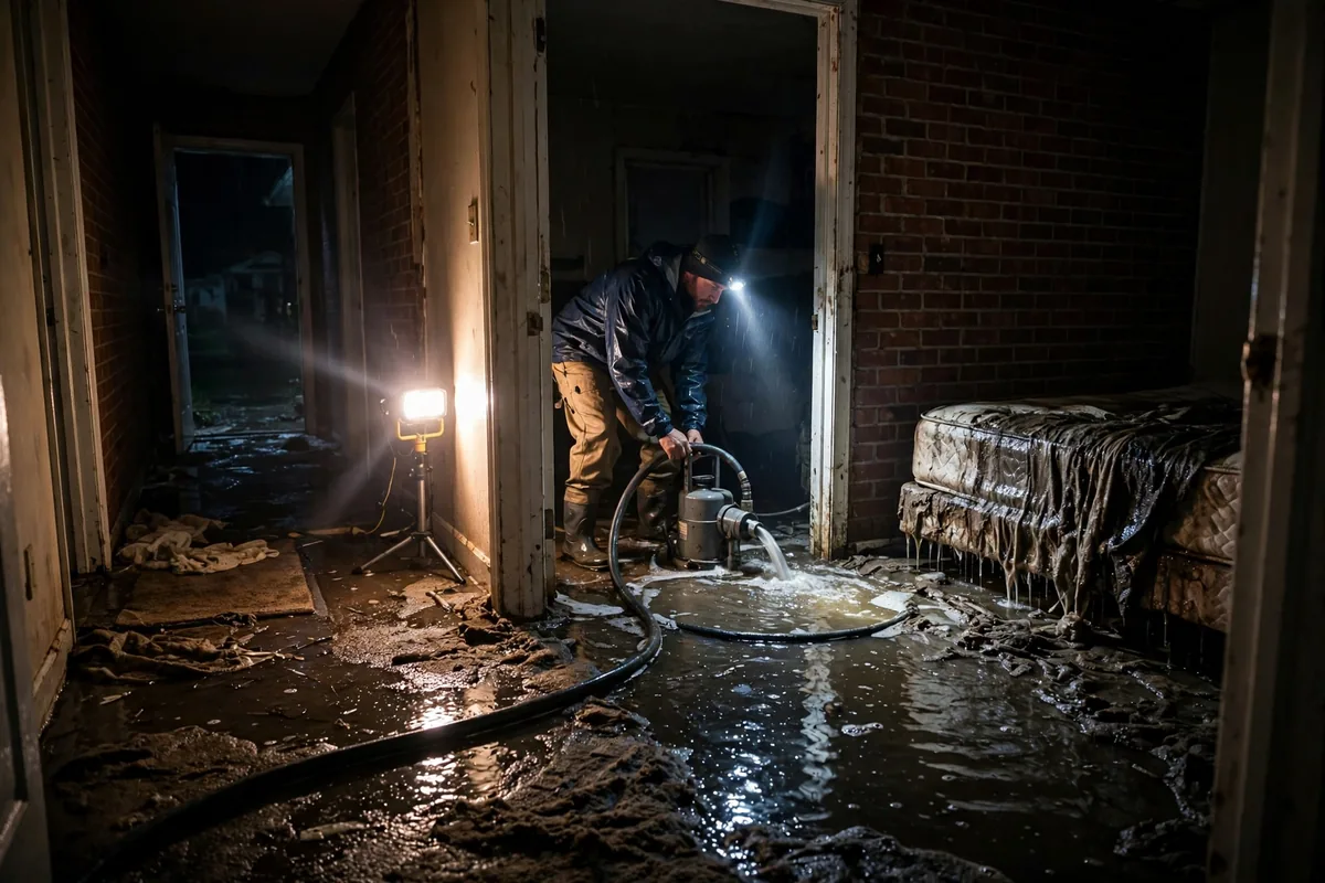 Emergency Tornado & Storm Flood Water Damage Restoration Bessemer, AL — night water extraction with pumps and work lights