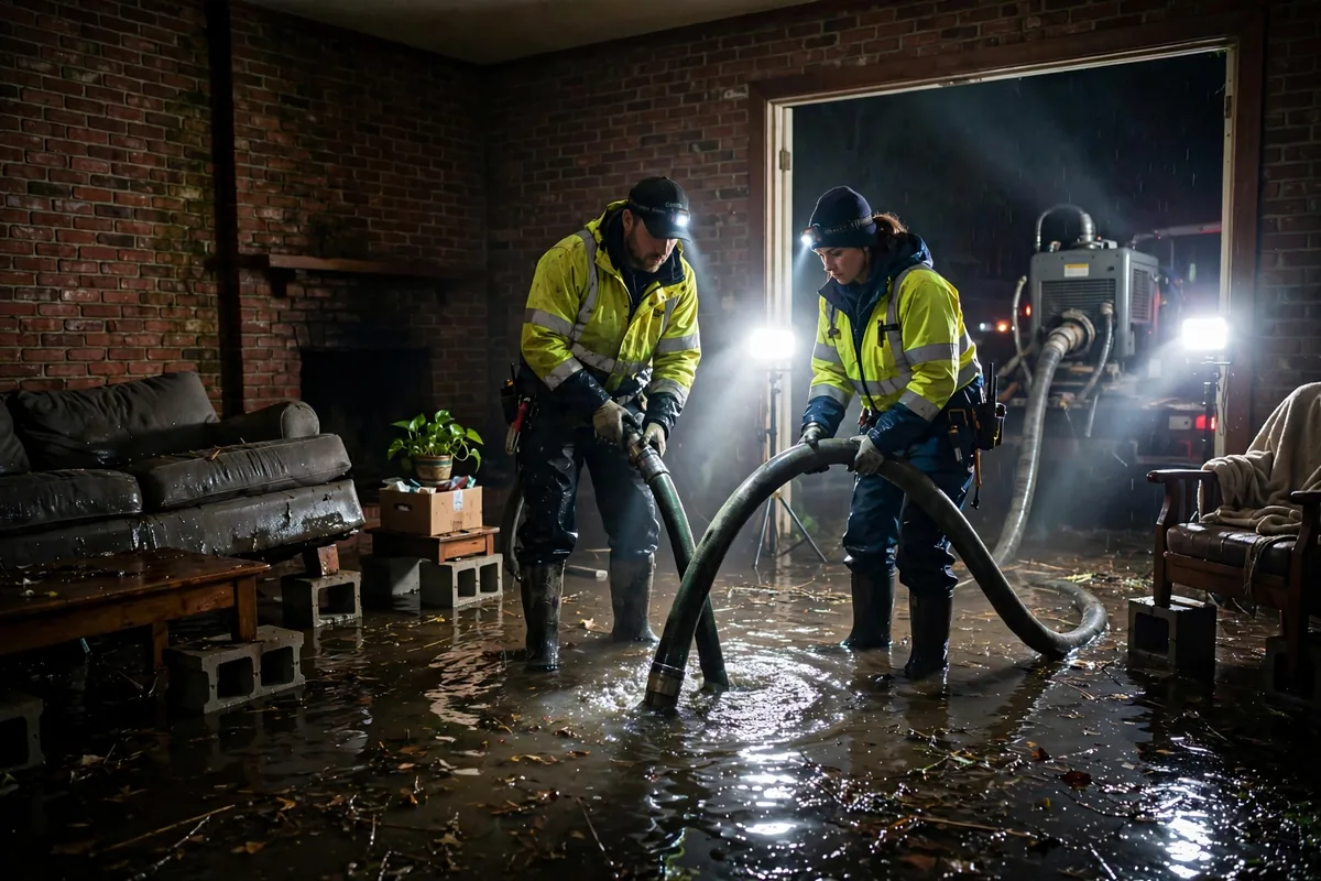 Emergency Tornado & Storm Flood Water Damage Restoration Birmingham, AL — night water extraction with pumps and work lights
