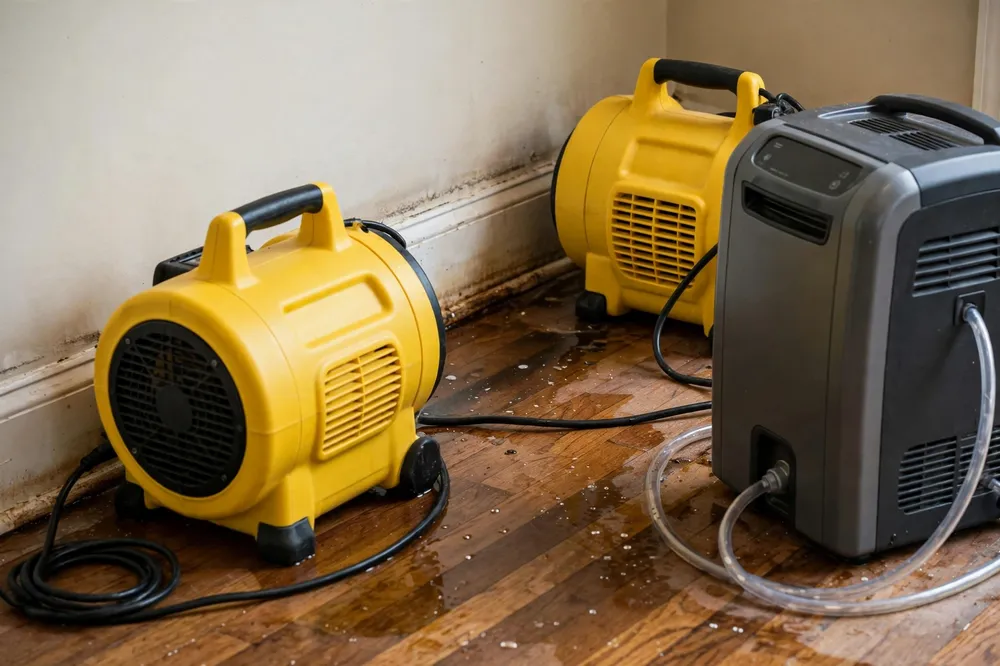 Professional drying equipment drying a storm-damaged Alabama home