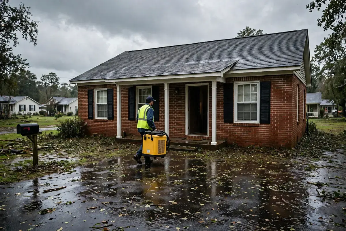 Tornado & Storm Flood Water Damage Restoration Adamsville, AL — a pro carrying drying equipment into a storm-damaged home