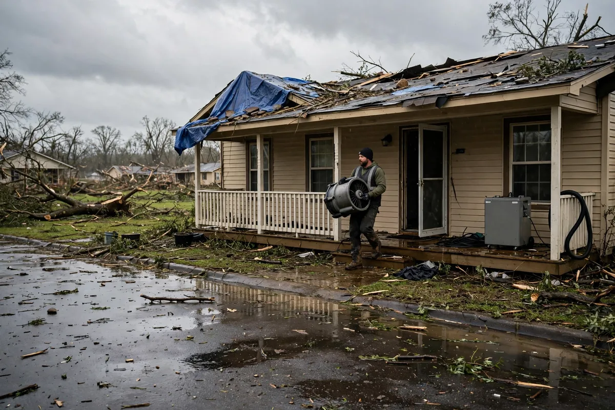 Tornado & Storm Flood Water Damage Restoration Addison, AL — a pro carrying drying equipment into a storm-damaged home