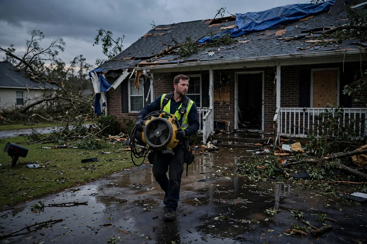 Tornado & Storm Flood Water Damage Restoration Adger, AL — a pro carrying drying equipment into a storm-damaged home