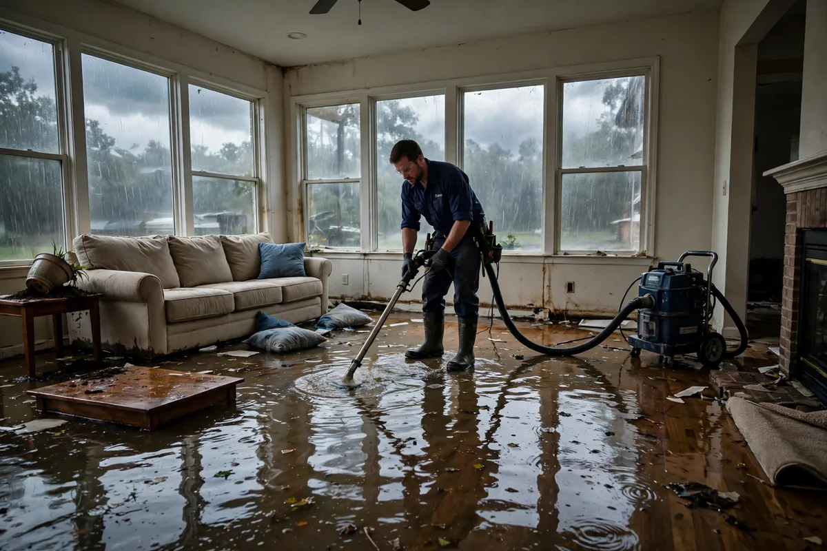 Tornado & Storm Flood Water Damage Restoration Alabama — a pro extracting storm water from a flooded home