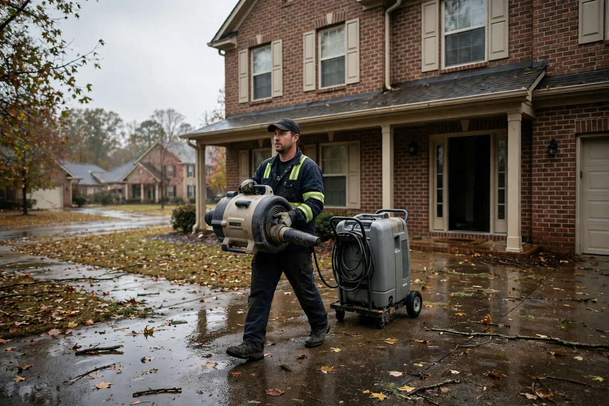 Tornado & Storm Flood Water Damage Restoration Alabaster, AL — a pro carrying drying equipment into a storm-damaged home