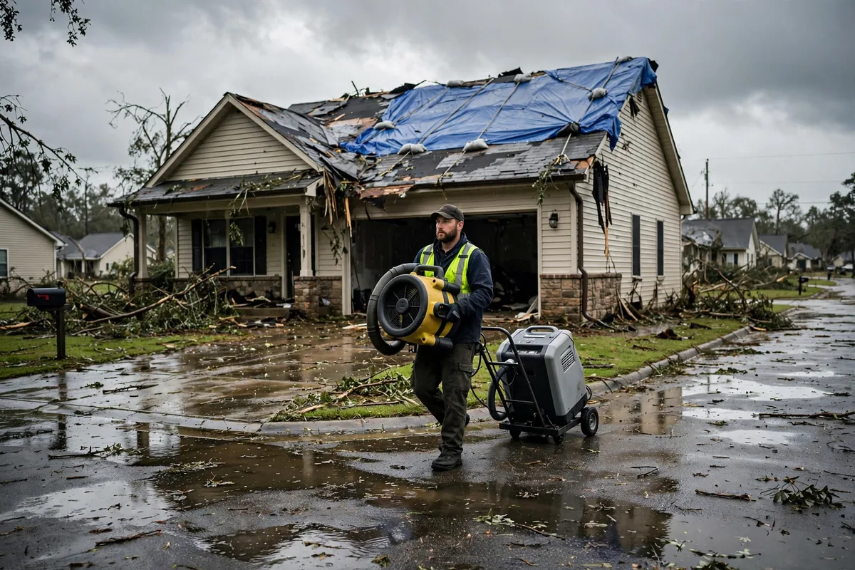 Tornado & Storm Flood Water Damage Restoration Albertville, AL — a pro carrying drying equipment into a storm-damaged home