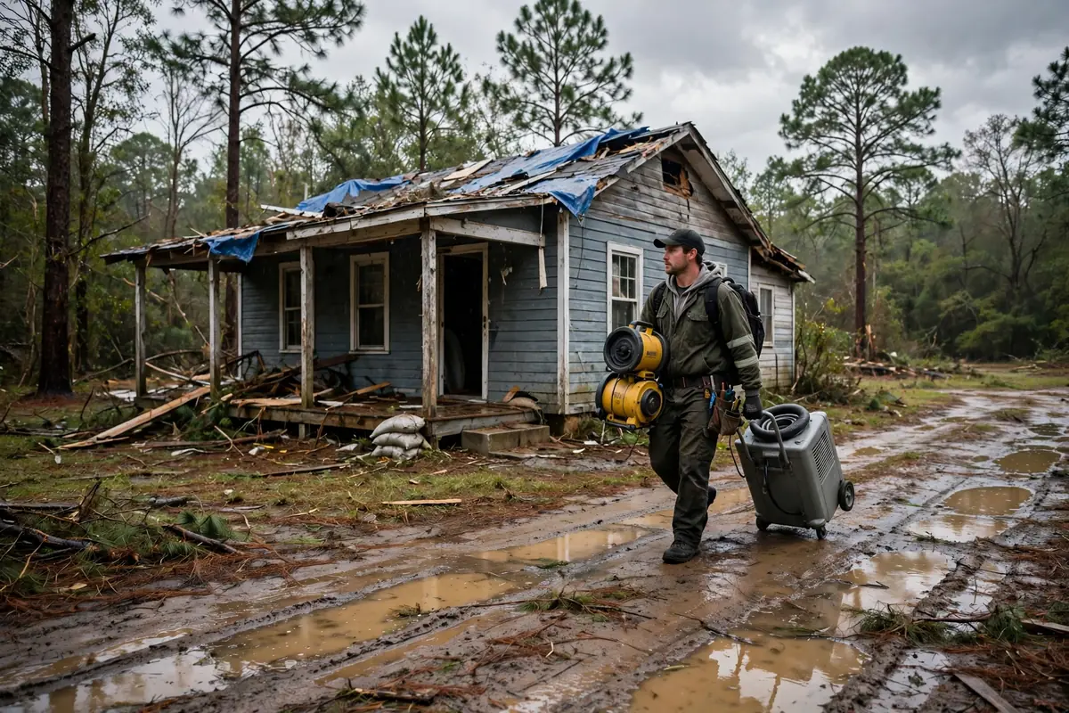 Tornado & Storm Flood Water Damage Restoration Alexander City, AL — a pro carrying drying equipment into a storm-damaged home