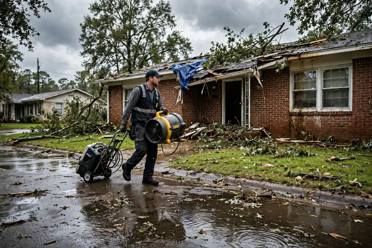 Tornado & Storm Flood Water Damage Restoration Alexandria, AL — a pro carrying drying equipment into a storm-damaged home