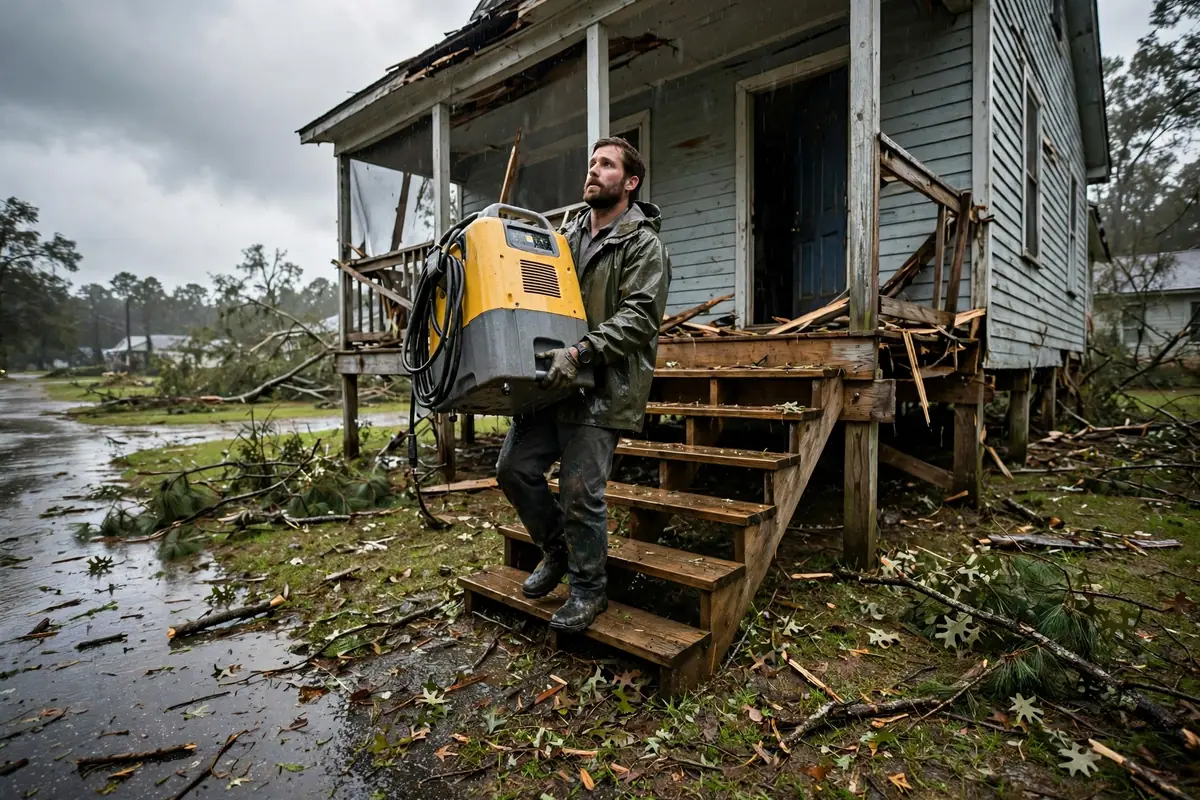 Tornado & Storm Flood Water Damage Restoration Aliceville, AL — a pro carrying drying equipment into a storm-damaged home