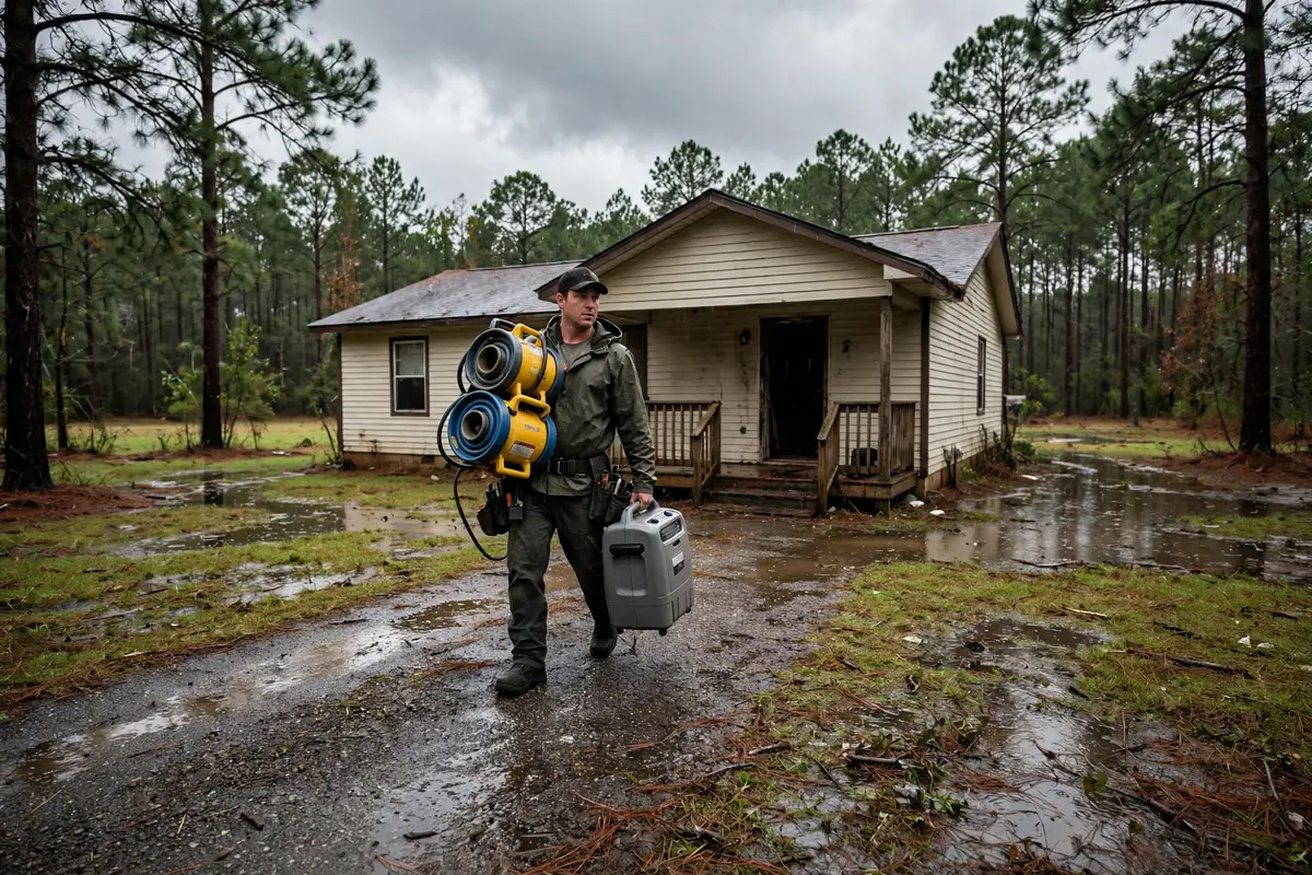 Tornado & Storm Flood Water Damage Restoration Alpine, AL — a pro carrying drying equipment into a storm-damaged home