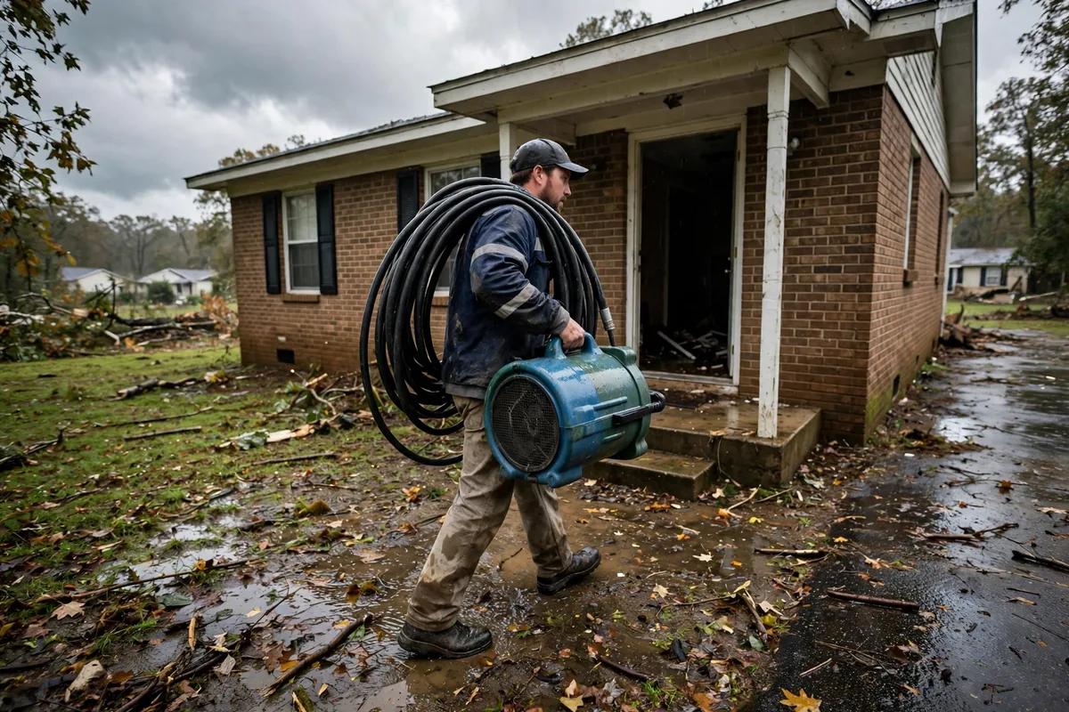 Tornado & Storm Flood Water Damage Restoration Altoona, AL — a pro carrying drying equipment into a storm-damaged home