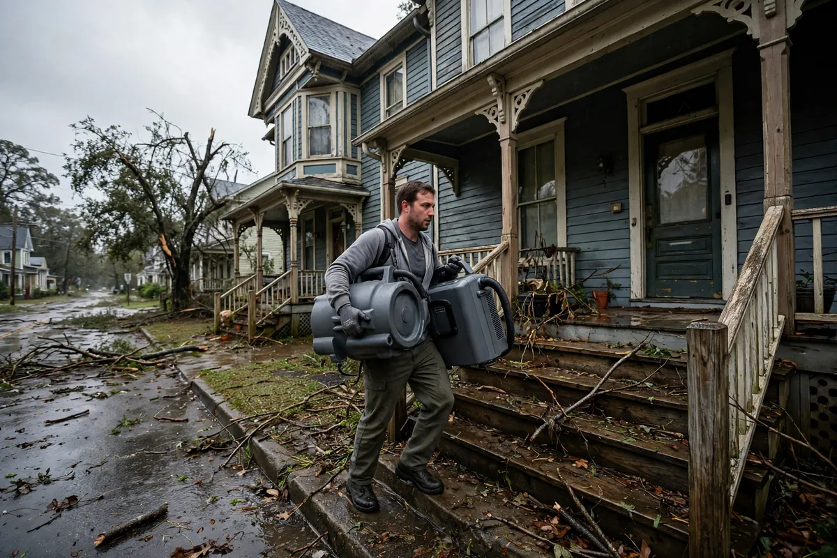 Tornado & Storm Flood Water Damage Restoration Anniston, AL — a pro carrying drying equipment into a storm-damaged home