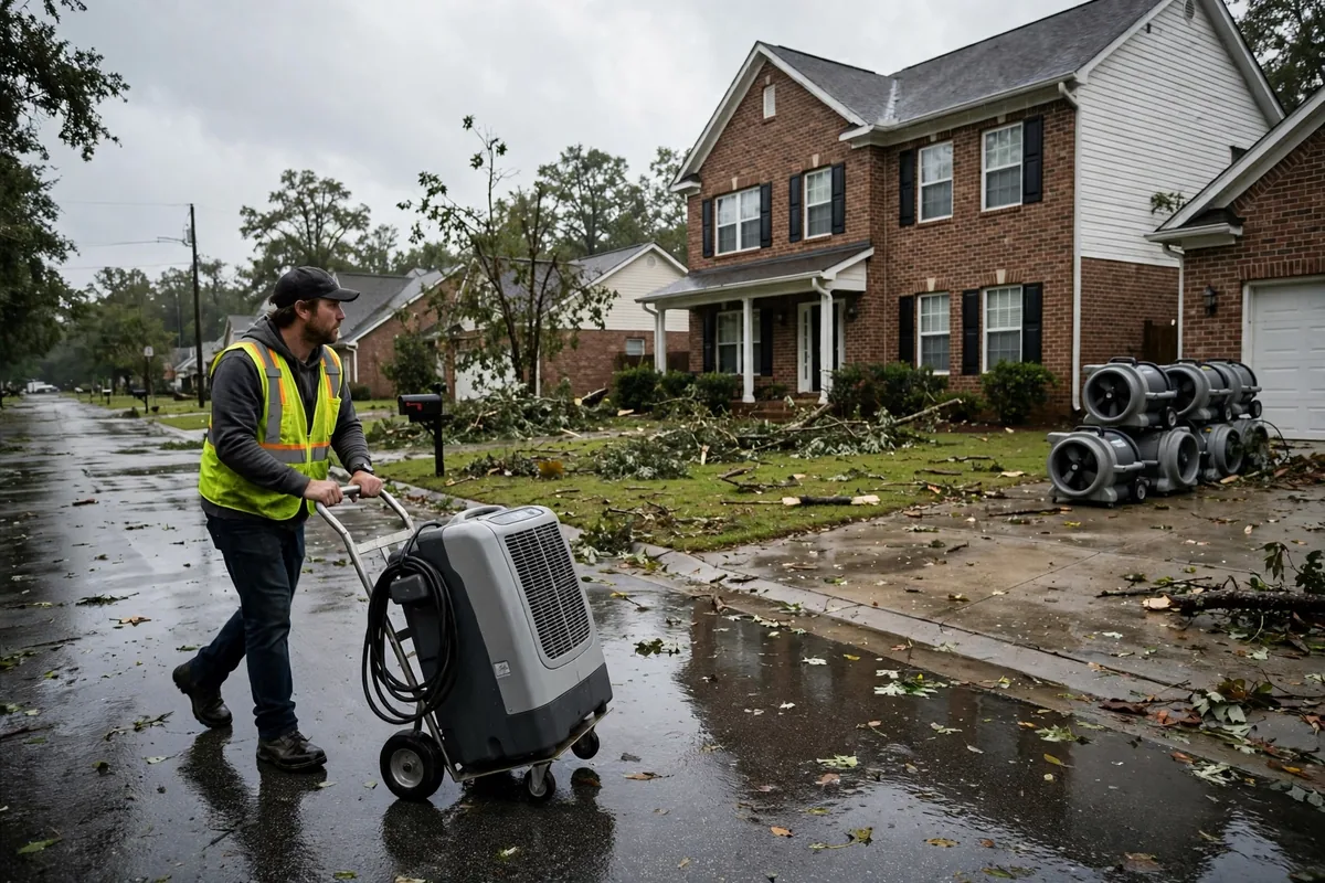 Tornado & Storm Flood Water Damage Restoration Arab, AL — a pro carrying drying equipment into a storm-damaged home