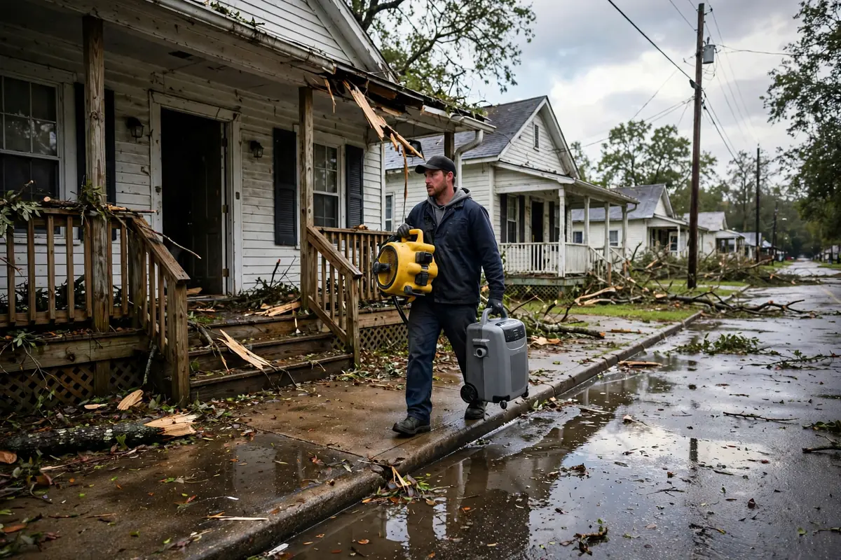 Tornado & Storm Flood Water Damage Restoration Ardmore, AL — a pro carrying drying equipment into a storm-damaged home