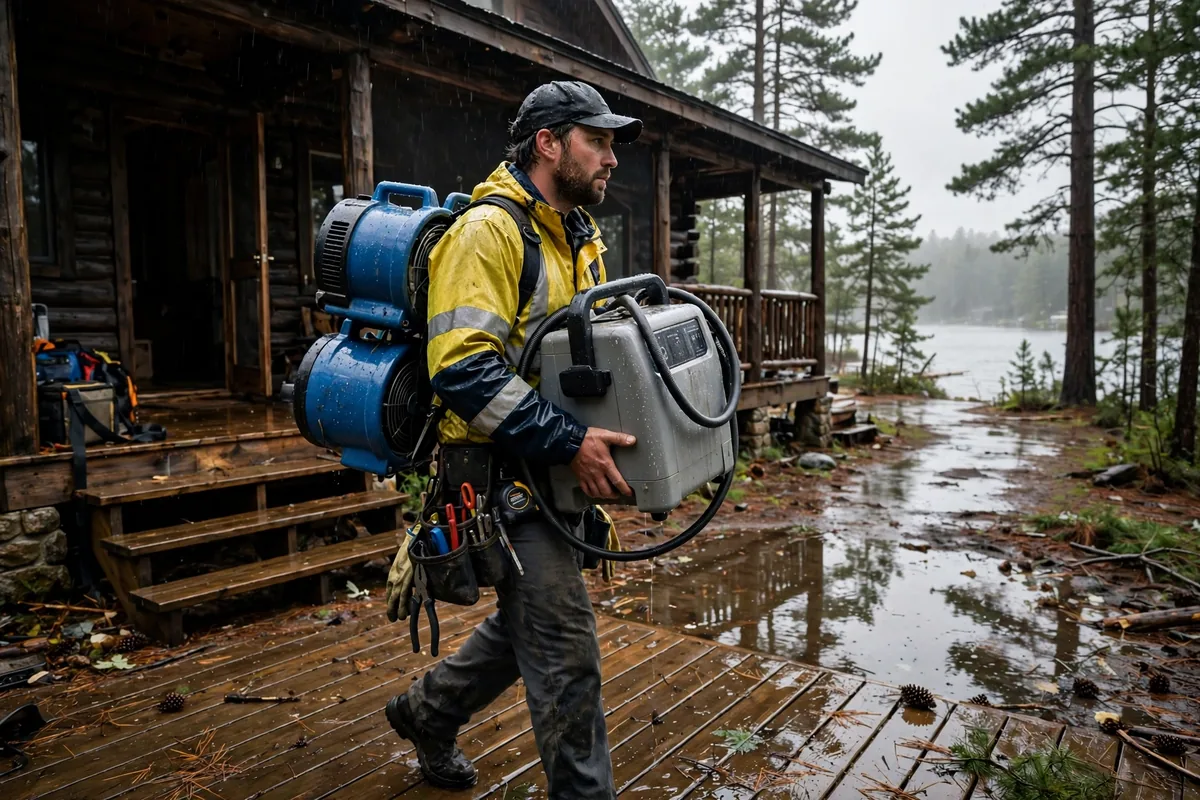 Tornado & Storm Flood Water Damage Restoration Arley, AL — a pro carrying drying equipment into a storm-damaged home
