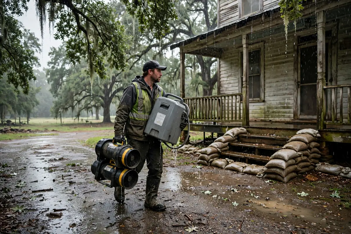Tornado & Storm Flood Water Damage Restoration Ashland, AL — a pro carrying drying equipment into a storm-damaged home
