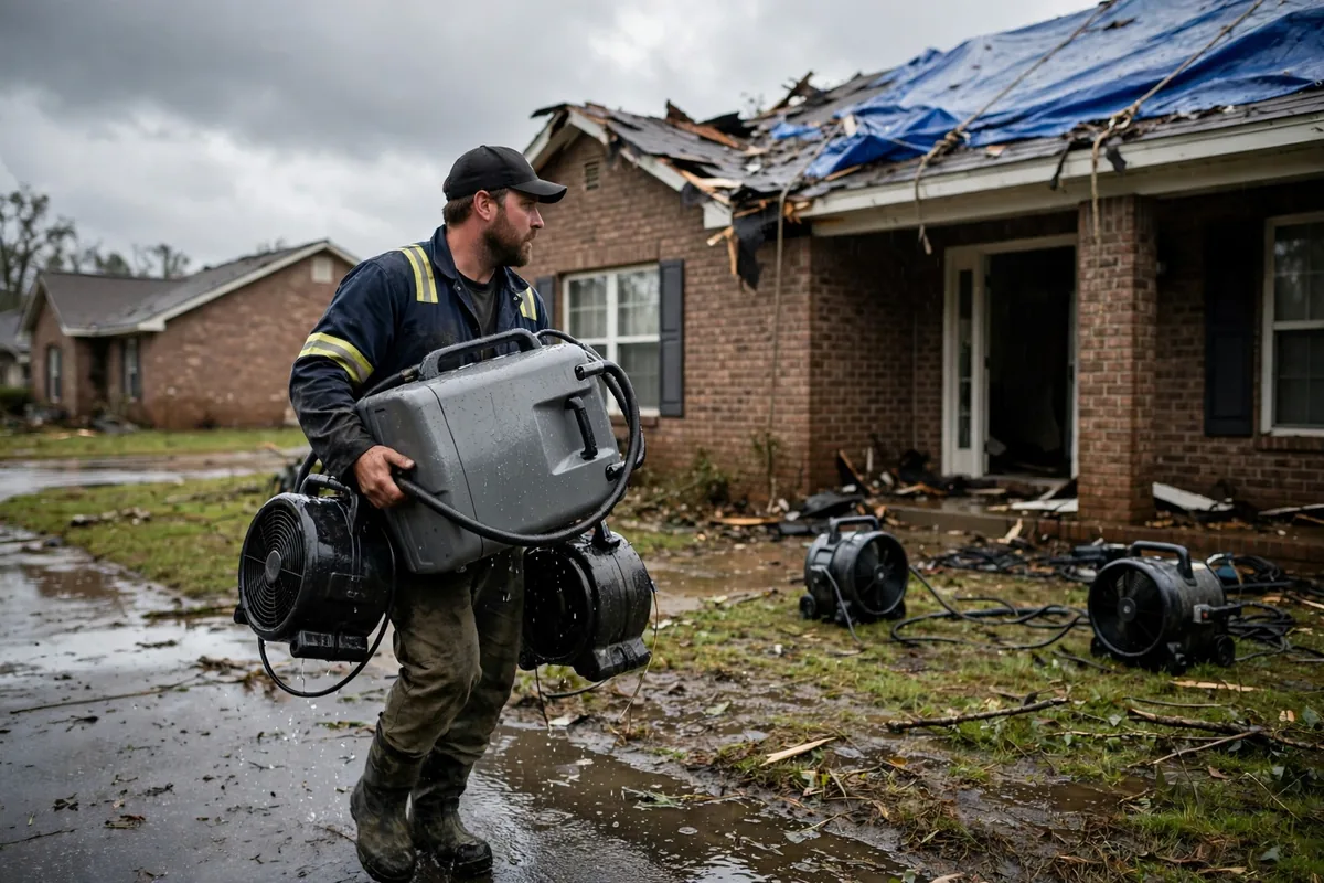 Tornado & Storm Flood Water Damage Restoration Athens, AL — a pro carrying drying equipment into a storm-damaged home